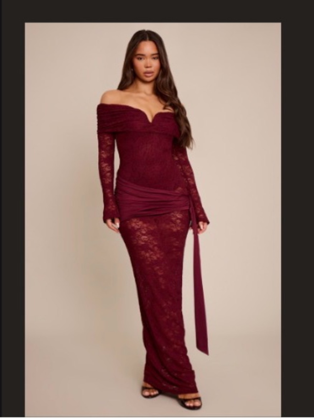 PrettyLittleThing Wine Off-Shoulder Lace Long Sleeve Maxi Dress